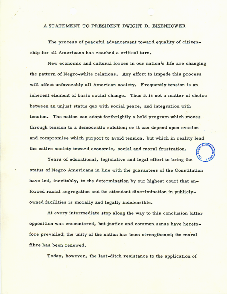 Scanned typewritten statement addressed to President Eisenhower.