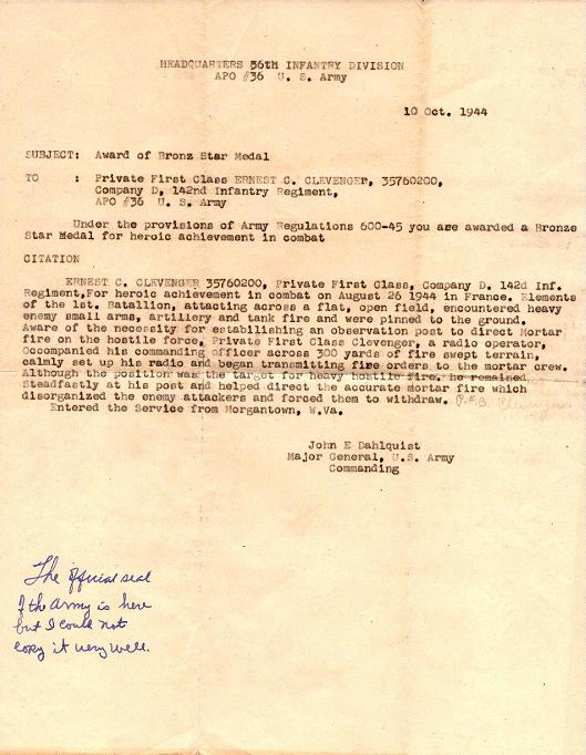 Typed military correspondence concerning Ernest C. Clevenger’s service.