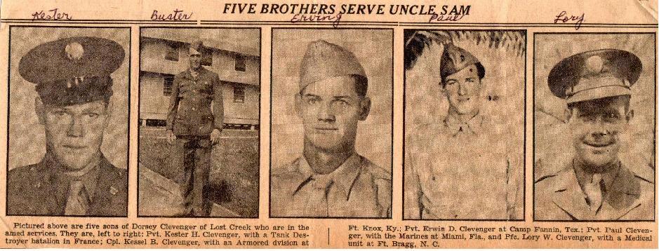 Newspaper clipping featuring a serviceman’s portrait beneath the headline “Five Brothers Serve Uncle Sam.”