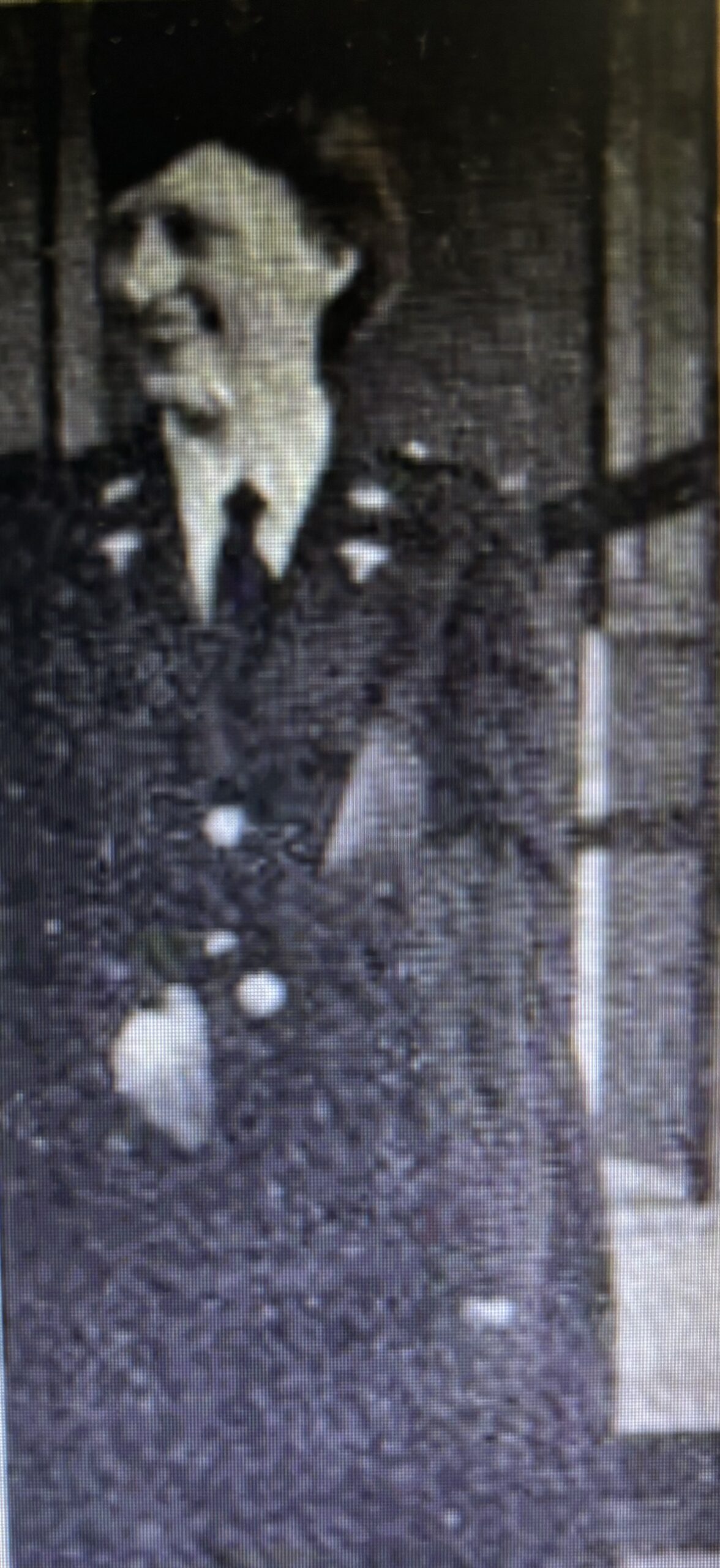 The image is blurry and appears to be an old photograph of a person in military attire standing outdoors. It's difficult to discern specific details due to the low resolution.