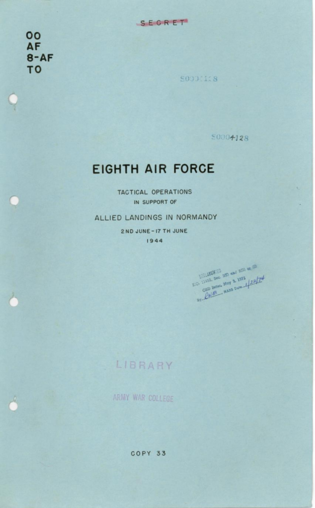 Blue cover of a June 1944 Eighth Air Force report.