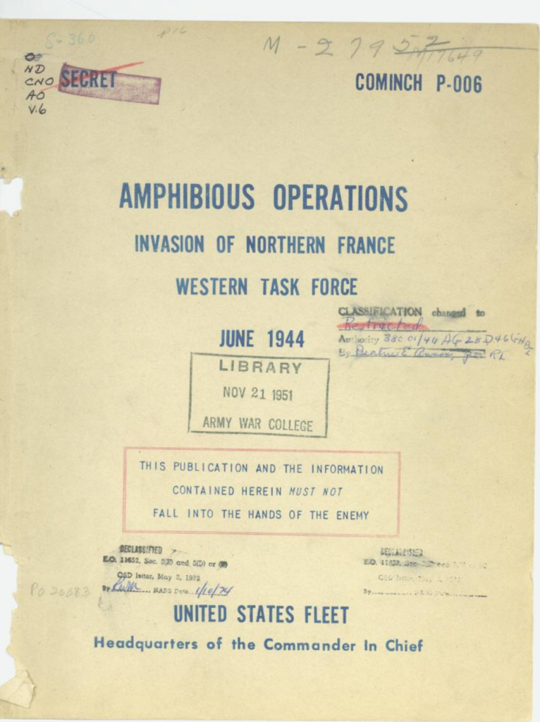 Cover page of a June 1944 report on amphibious operations.