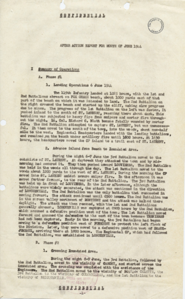Aged typewritten after-action report for the 115th Infantry.