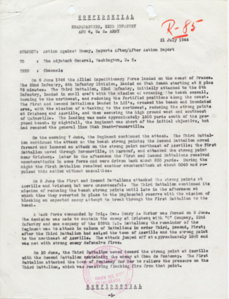 Scanned typewritten after-action report for the 22nd Infantry.