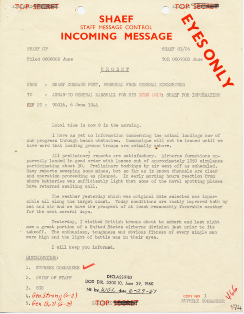 Scanned typewritten military message with red handwritten markings.