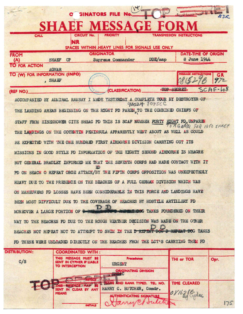 Scanned military message with red handwritten markings.