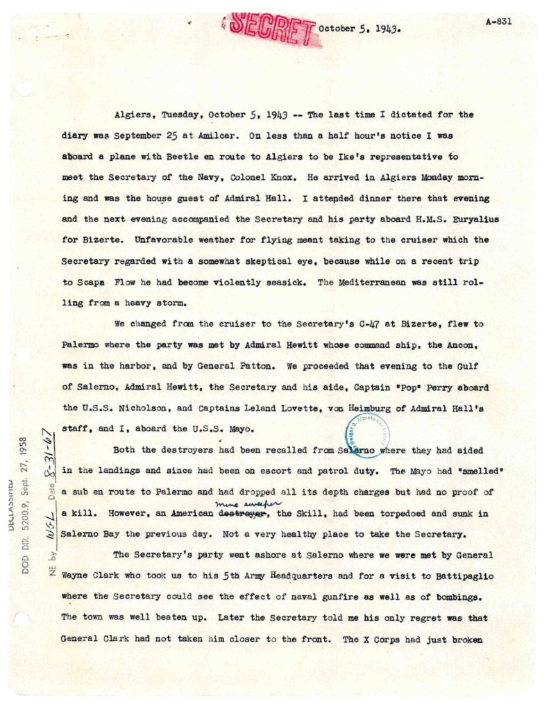 Scanned typewritten diary entry addressed to Dwight D. Eisenhower.