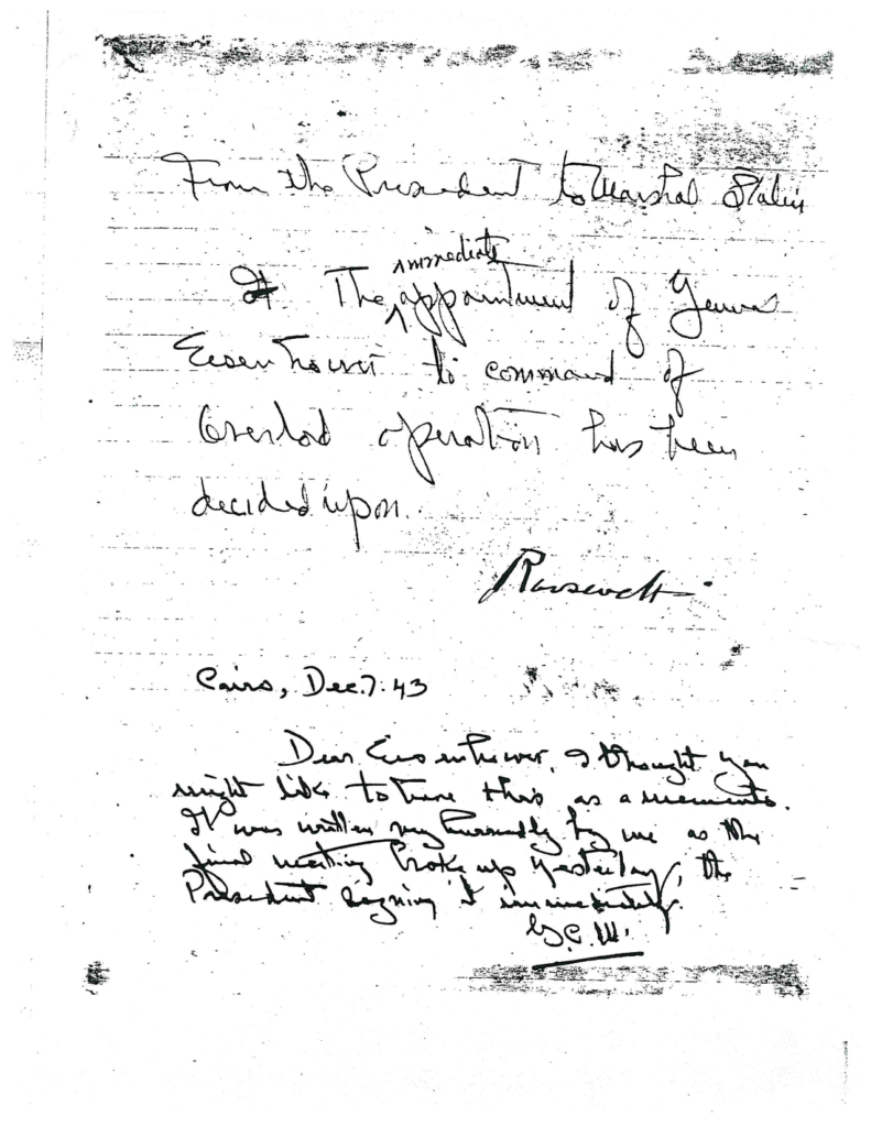 Scanned handwritten message from Roosevelt to Stalin.