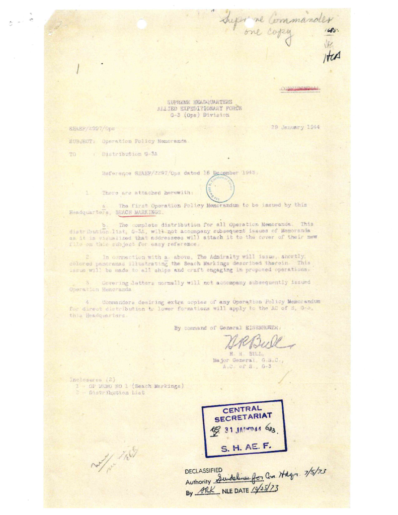 Scanned operation policy memorandum with typed and handwritten entries.