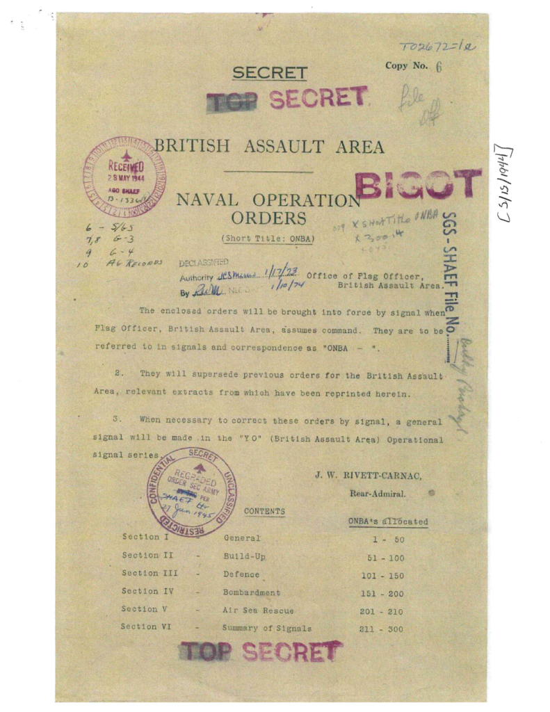 Aged naval operation orders with typed text and handwritten markings.