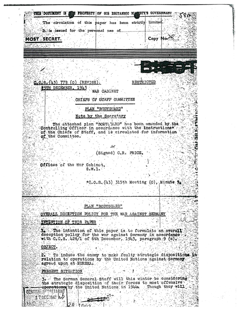 Scanned War Cabinet document outlining the Bodyguard plan.