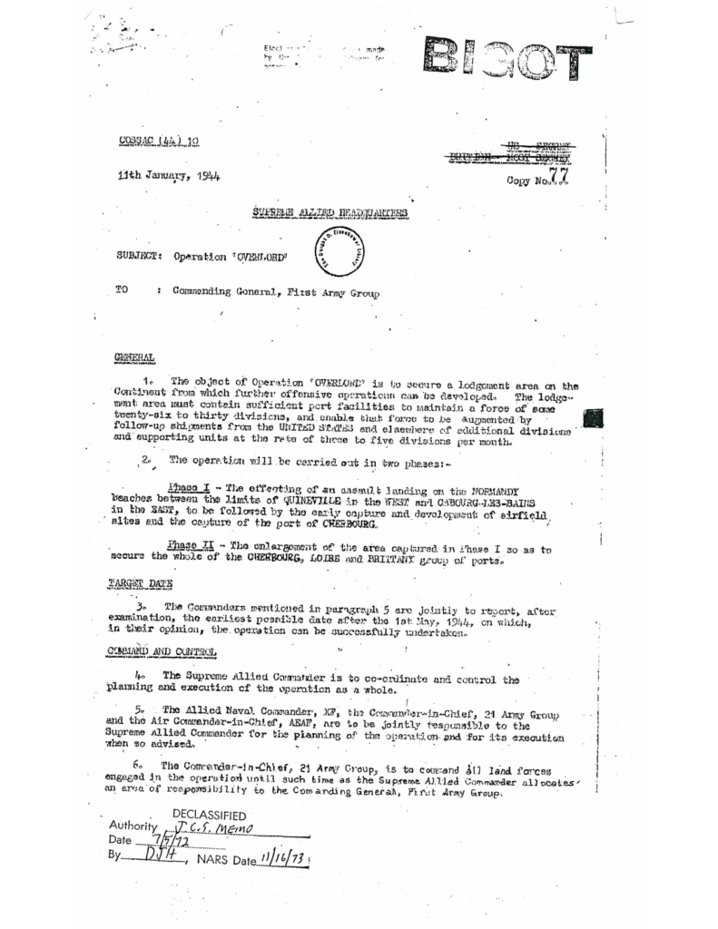Scanned military document concerning Operation Overlord.