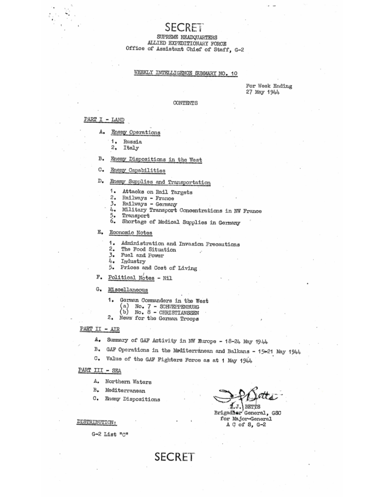 Scanned typewritten military intelligence summary with handwritten markings.