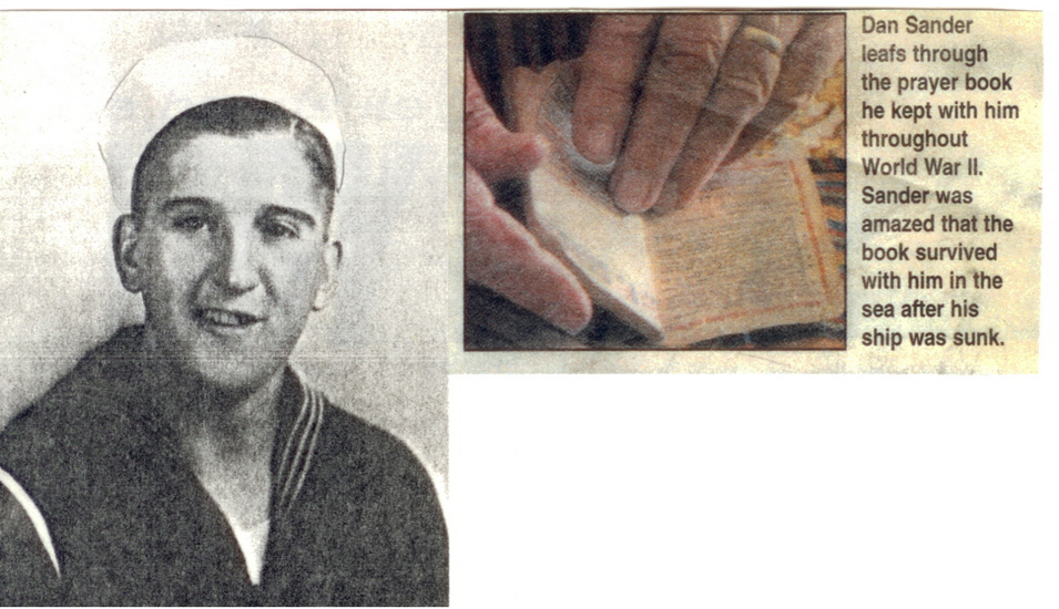 Black-and-white photograph of a young boy in a sailor uniform beside an image of someone's hands looking through a prayer book.