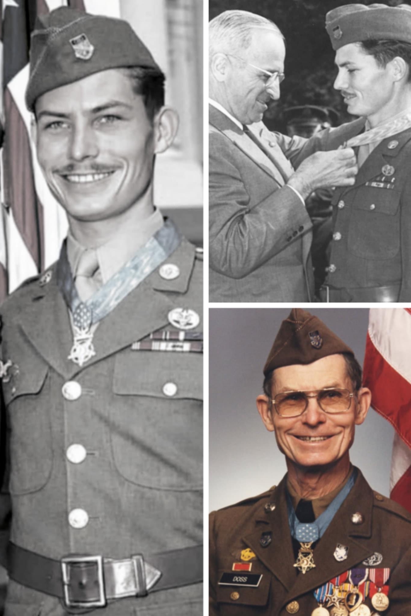 Soldier in military uniform, standing in front of an American flag with a medal around neck, smiling at camera. This is a collage of several on this image, from different points in this man's life.
