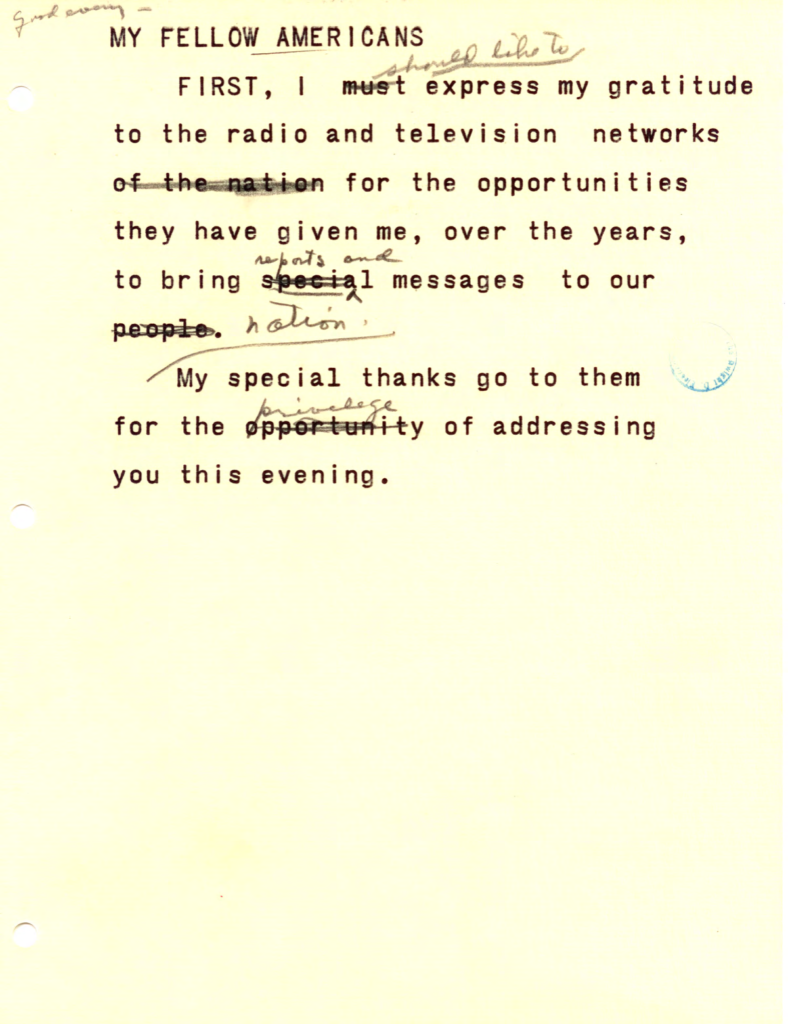 Yellow reading copy with short lines of typewritten text.
