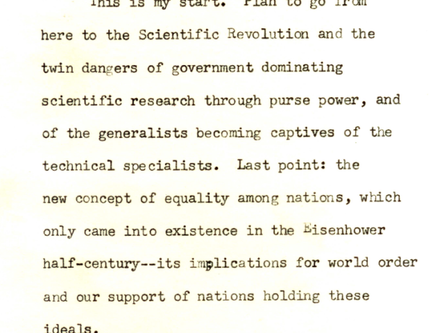 Memorandum proposing scientific research topics and experts for President Eisenhower’s farewell address.