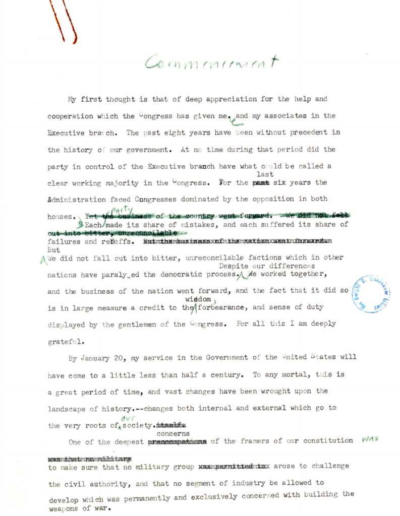 Scanned typescript speech draft with handwritten edits.