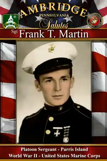 Portrait of Frank Martin wearing a white military dress cap against an American flag background.