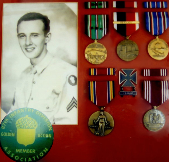 Military portrait of Gale Addison displayed beside his service medals and ribbons.