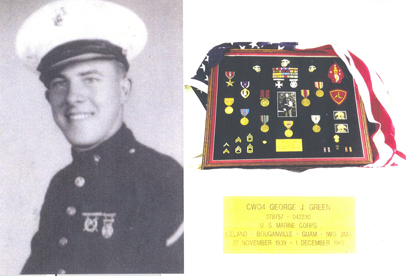 Sailor’s portrait displayed beside a framed collection of military medals and insignia.