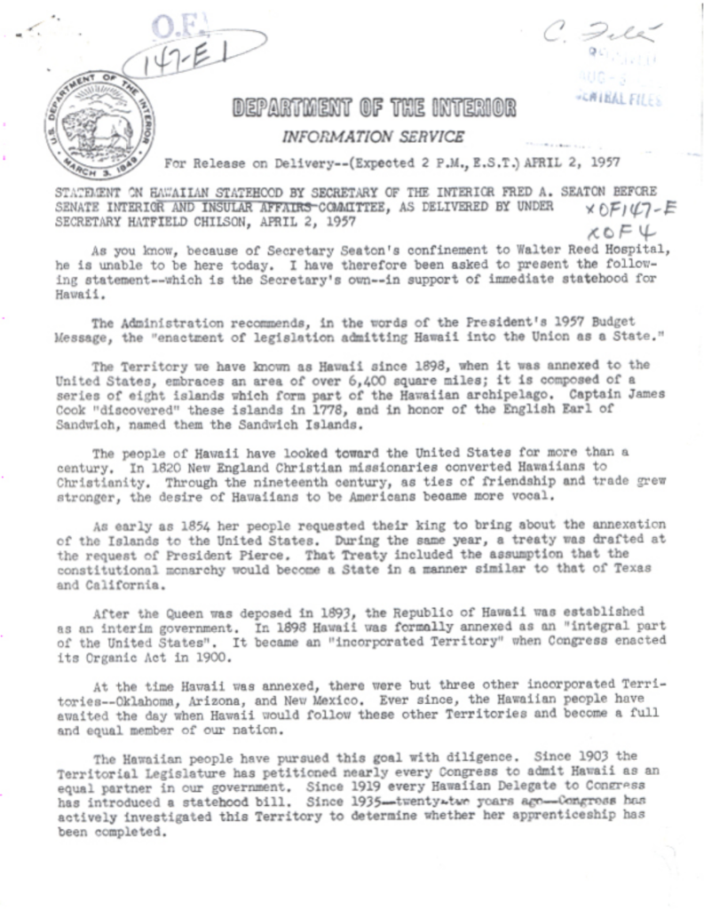 Scanned typewritten statement concerning Hawaii statehood.