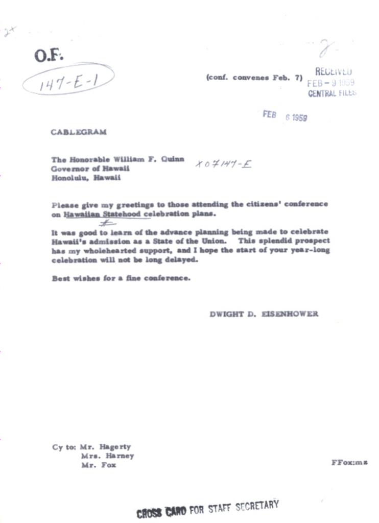 Scanned cablegram from President Eisenhower to Quinn.