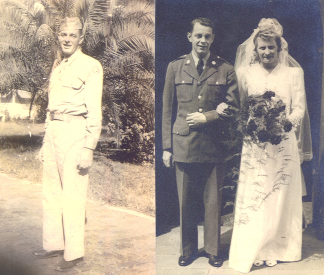 Serviceman posing with a woman in two outdoor portraits.