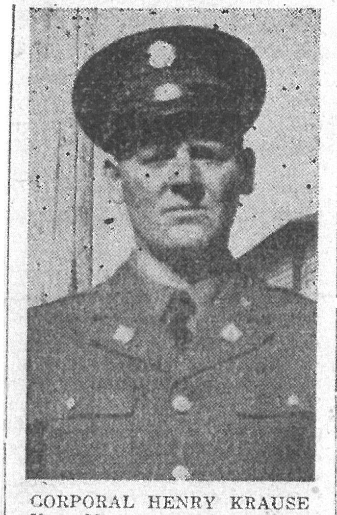 Corporal Henry Krause wearing a military uniform and peaked cap in a grainy portrait.