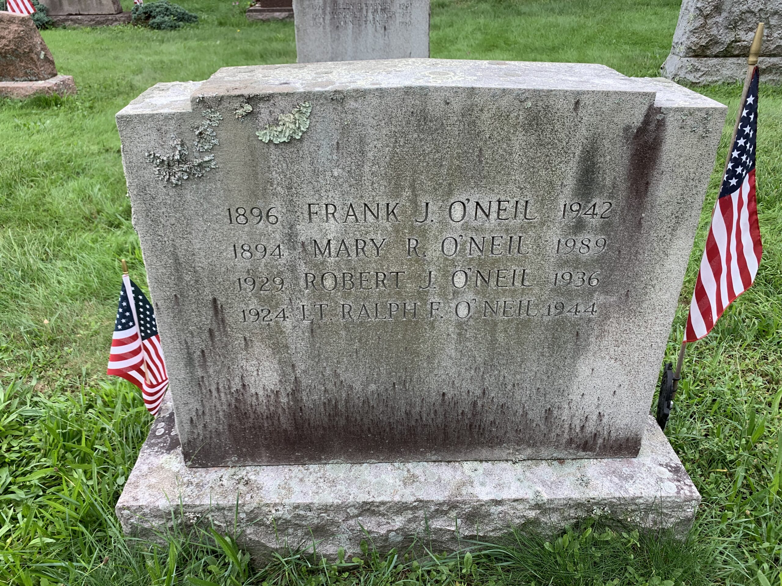 Gravestone for Frank J. O’Neil, Mary R. O'Neil, Robert J. O'Neil, and LT. Ralph F. O'Neil.