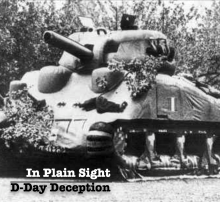 Camouflaged tank partially concealed by trees beneath the title “In Plain Sight D-Day.”