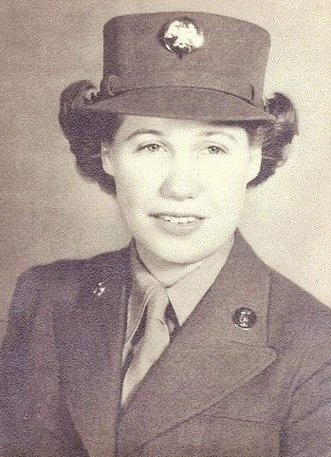 Katherine Conkling wearing a women’s military uniform and brimmed cap.