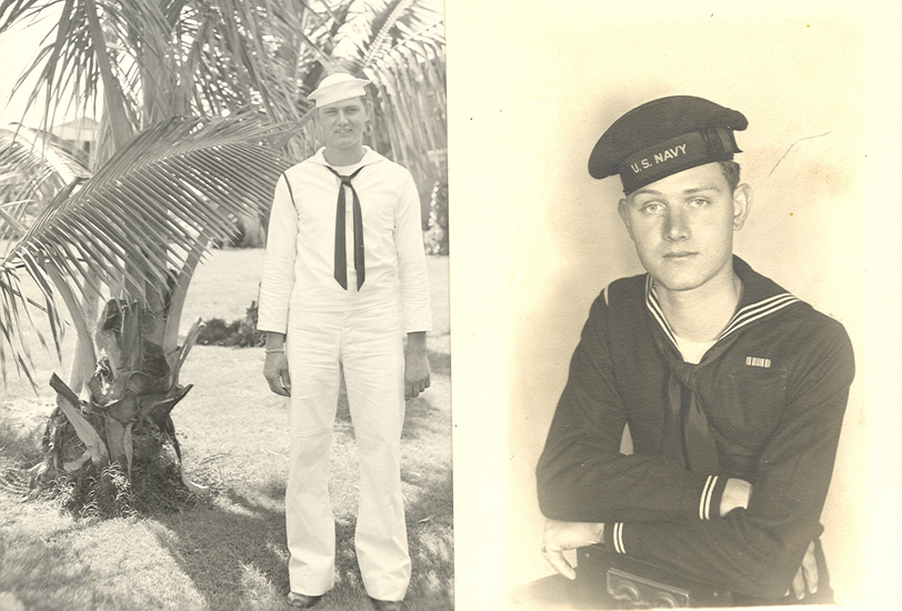 Two images of Eugene Kelley wearing a U.S. Navy uniform.