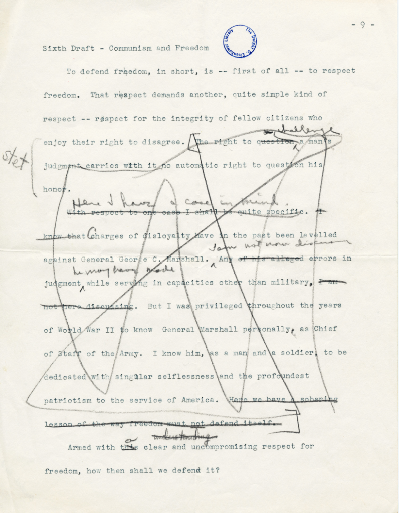 Heavily edited draft of an Eisenhower speech with handwritten revisions.