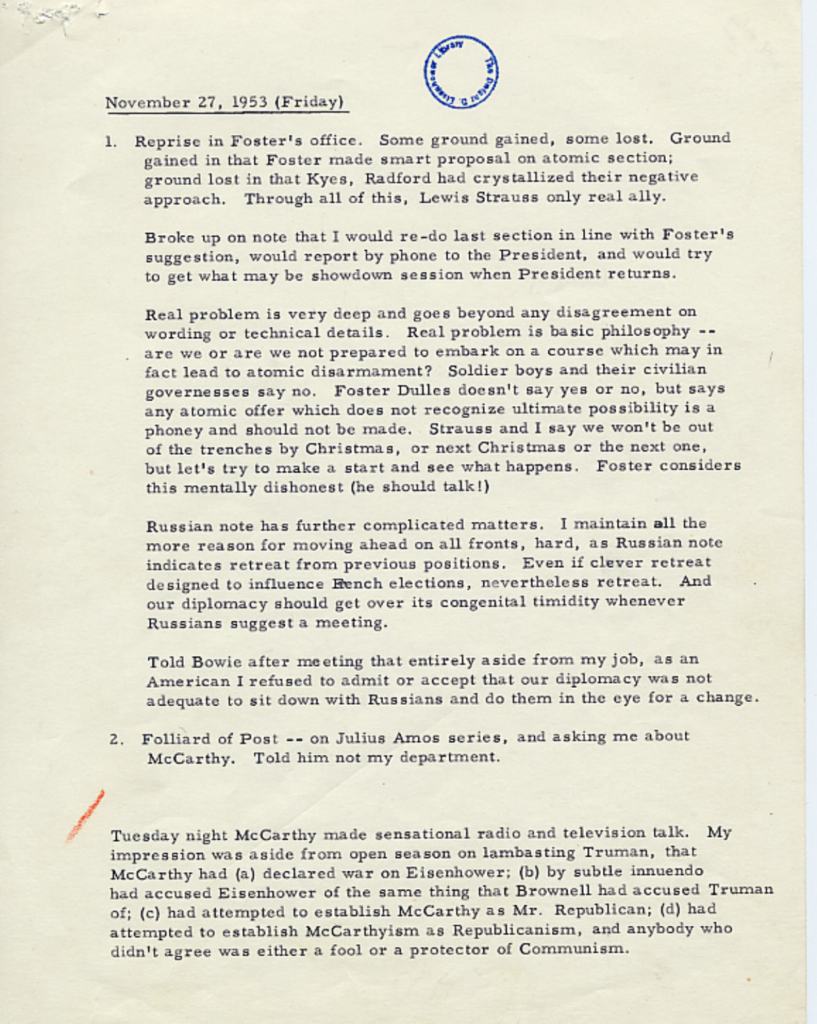 Scanned page of typewritten daily notes by C. D. Jackson.