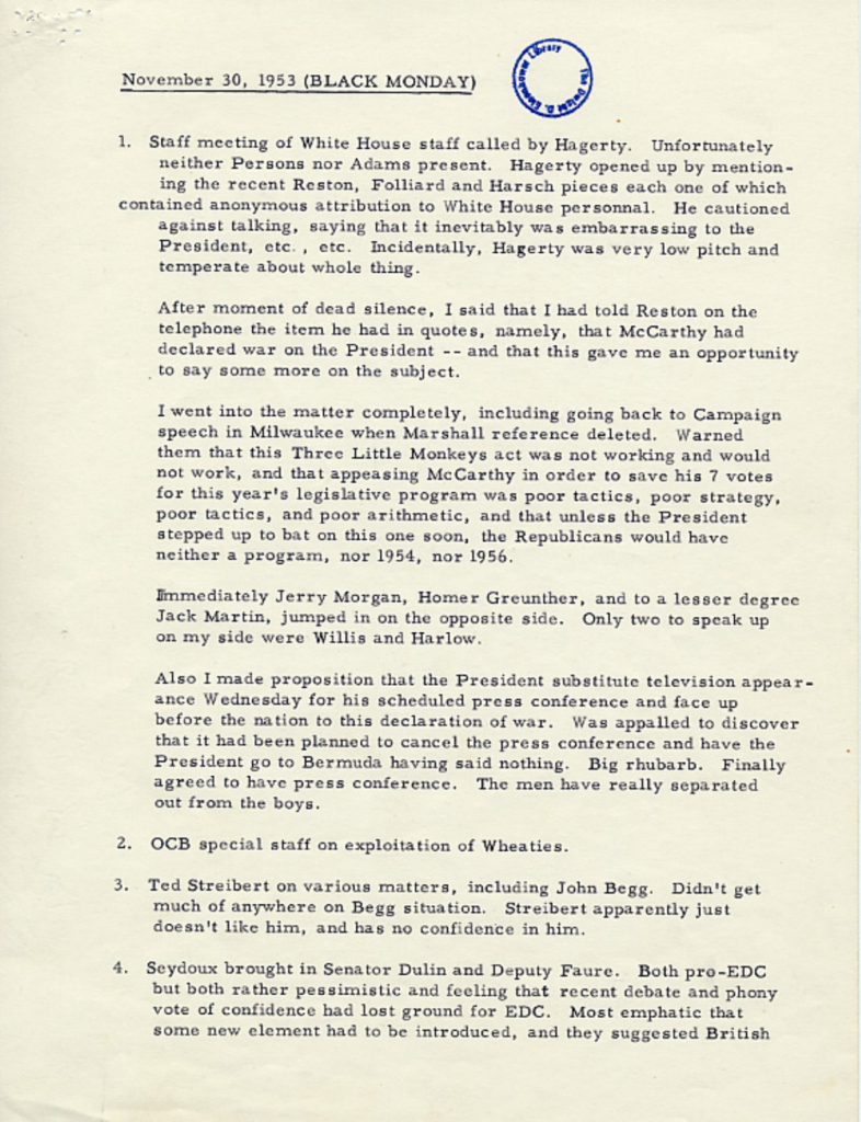 Scanned page of typewritten daily notes by C. D. Jackson.