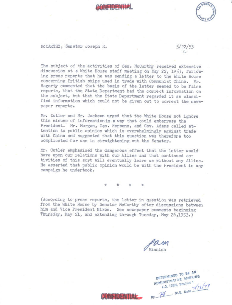 Scanned typewritten notes concerning McCarthy.