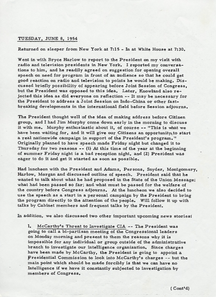 Scanned typewritten diary entry by James Hagerty.