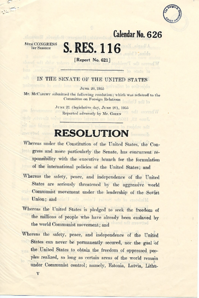 Printed page titled “Senate Resolution 116.”