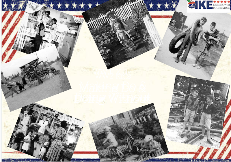 Collage of wartime photographs and documents surrounding a white center.