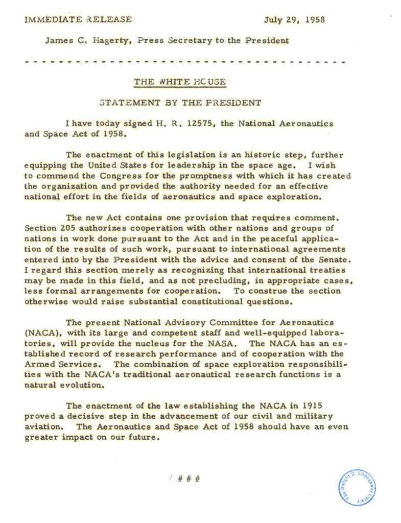 Scanned typewritten statement by President Eisenhower.