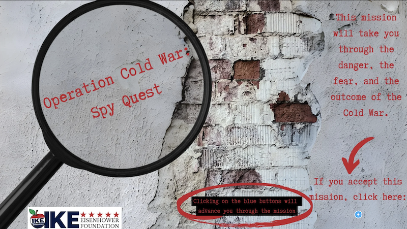 Cold War spy activity graphic with a magnifying glass and red device.