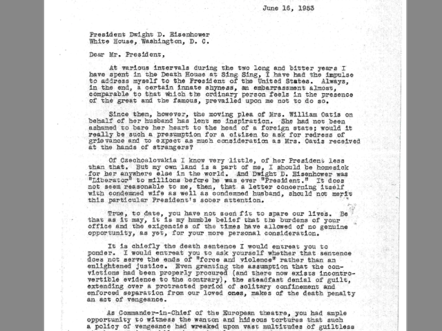 Typed letter from Ethel Rosenberg appealing to President Eisenhower for clemency.