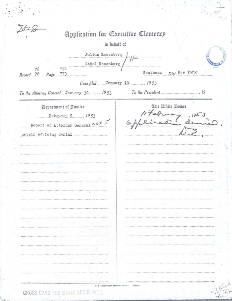 Scanned application for executive clemency with handwritten entries.