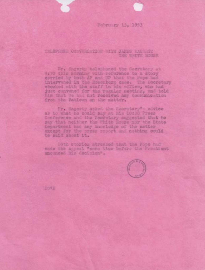 Pink telephone conversation memorandum with typewritten text.