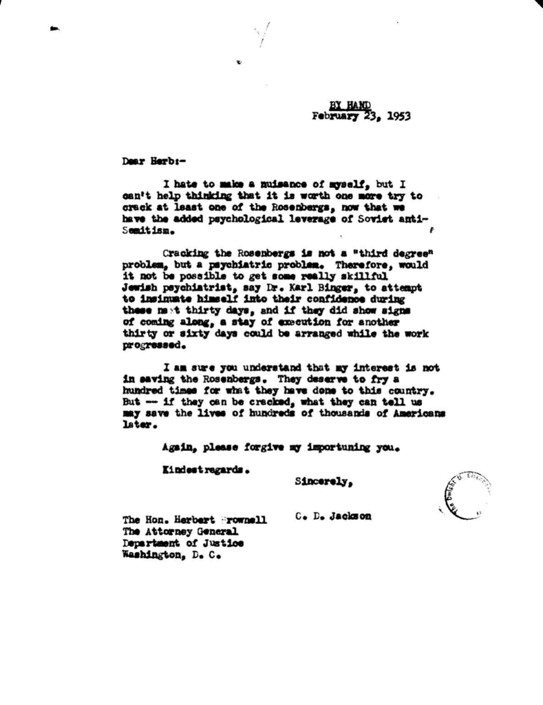 Scanned typewritten letter with a bold heading and official stamp.