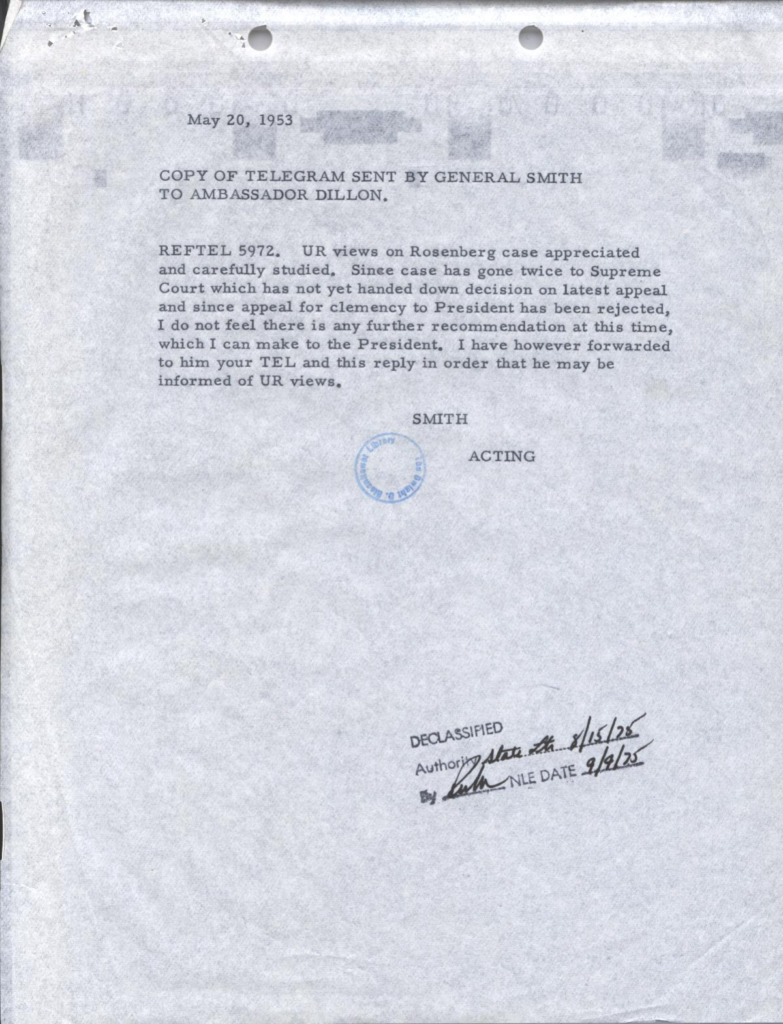 Scanned telegram from Dillon to President Eisenhower.