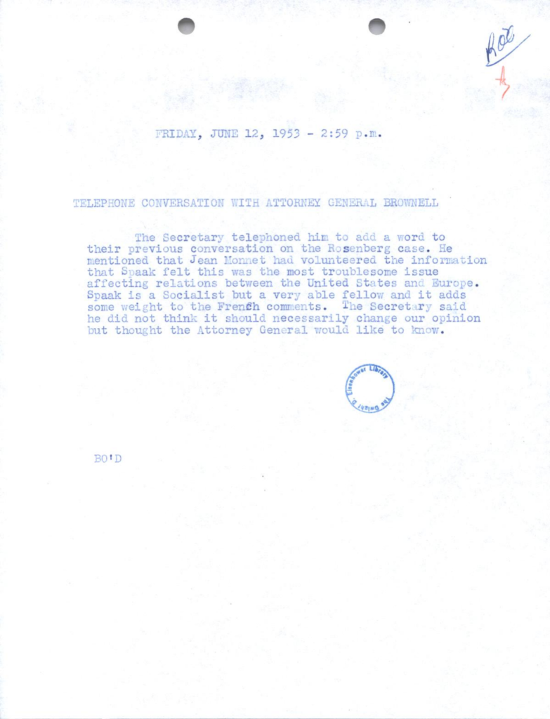 Scanned telephone conversation memorandum with blue text and a circular stamp.