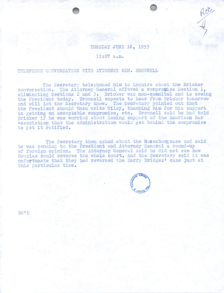 Scanned telephone conversation memorandum with blue text and a circular stamp.