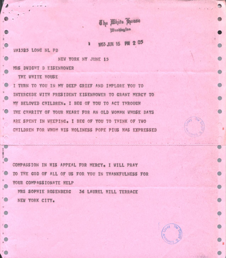 Pink telegram from Sophie Rosenberg to Mamie Eisenhower.